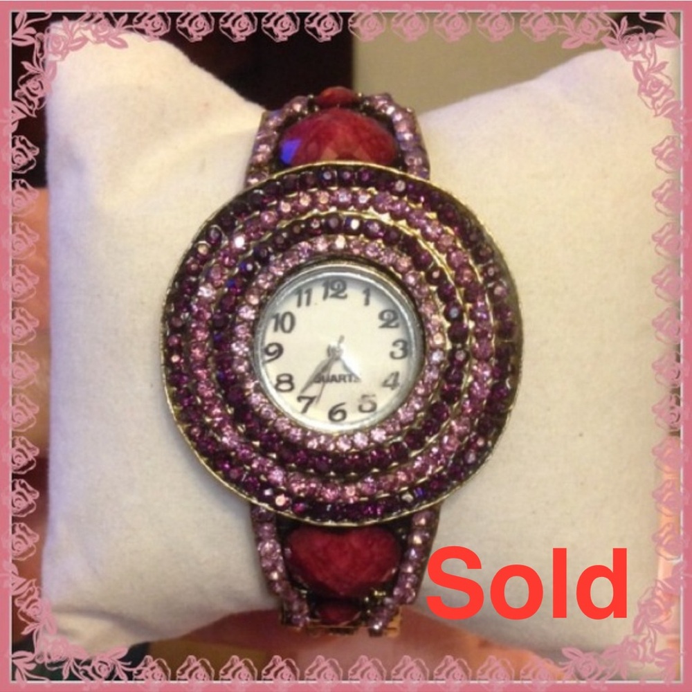 BEAUTIFUL SWAROVSKI ROSE & RED CRYSTALS WRIST CUFF WATCH. NEW